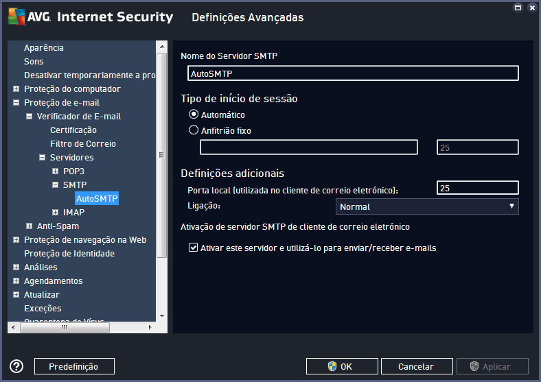 Nesta janela pode configurar um novo servidor do Verificador de E-mail utilizando o protocolo SMTP