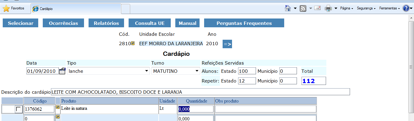 Ao clicar no CÓDIGO do produto, o sistema retorna para a tela do cardápio já com produto SELECIONADO.