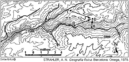 12. (Uerj 2011) Devido à dificuldade de representar o relevo terrestre sobre a superfície plana do mapa, os cartógrafos costumam empregar a técnica de mapeamento com curvas de nível.