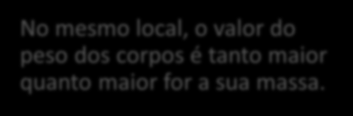 Peso e massa No mesmo local, o valor do peso dos corpos é tanto