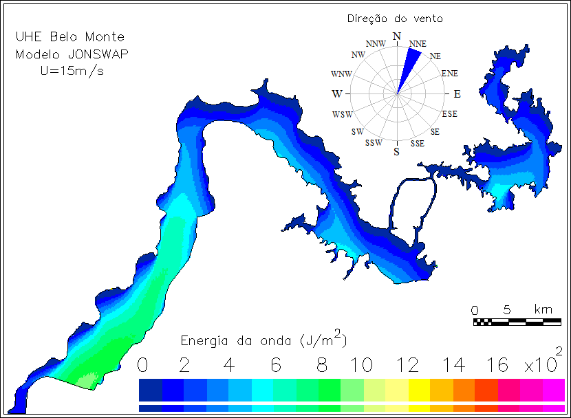 Figura 3 Exemplo de mapa gerado na simulação dos campos de energia das ondas geradas por ventos severos no reservatório de Belo Monte, com ventos de