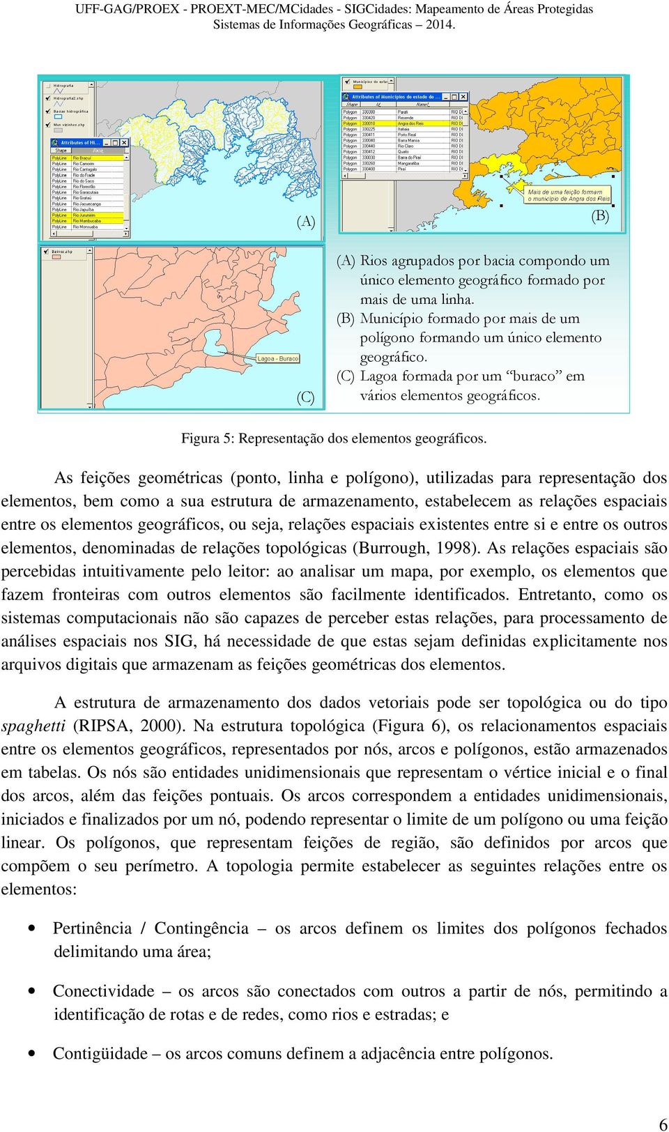 As feições geométricas (ponto, linha e polígono), utilizadas para representação dos elementos, bem como a sua estrutura de armazenamento, estabelecem as relações espaciais entre os elementos