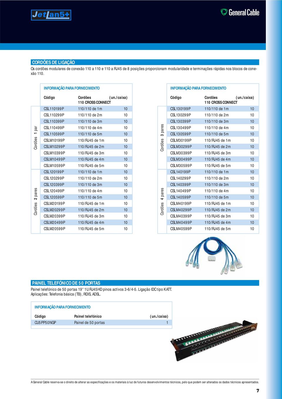 /caixa) 110 CROSS CONNECT CSL110199P 110/110 de 1m 10 CSL130199P 110/110 de 1m 10 CSL110299P 110/110 de 2m 10 CSL130299P 110/110 de 2m 10 CSL110399P 110/110 de 3m 10 CSL130399P 110/110 de 3m 10