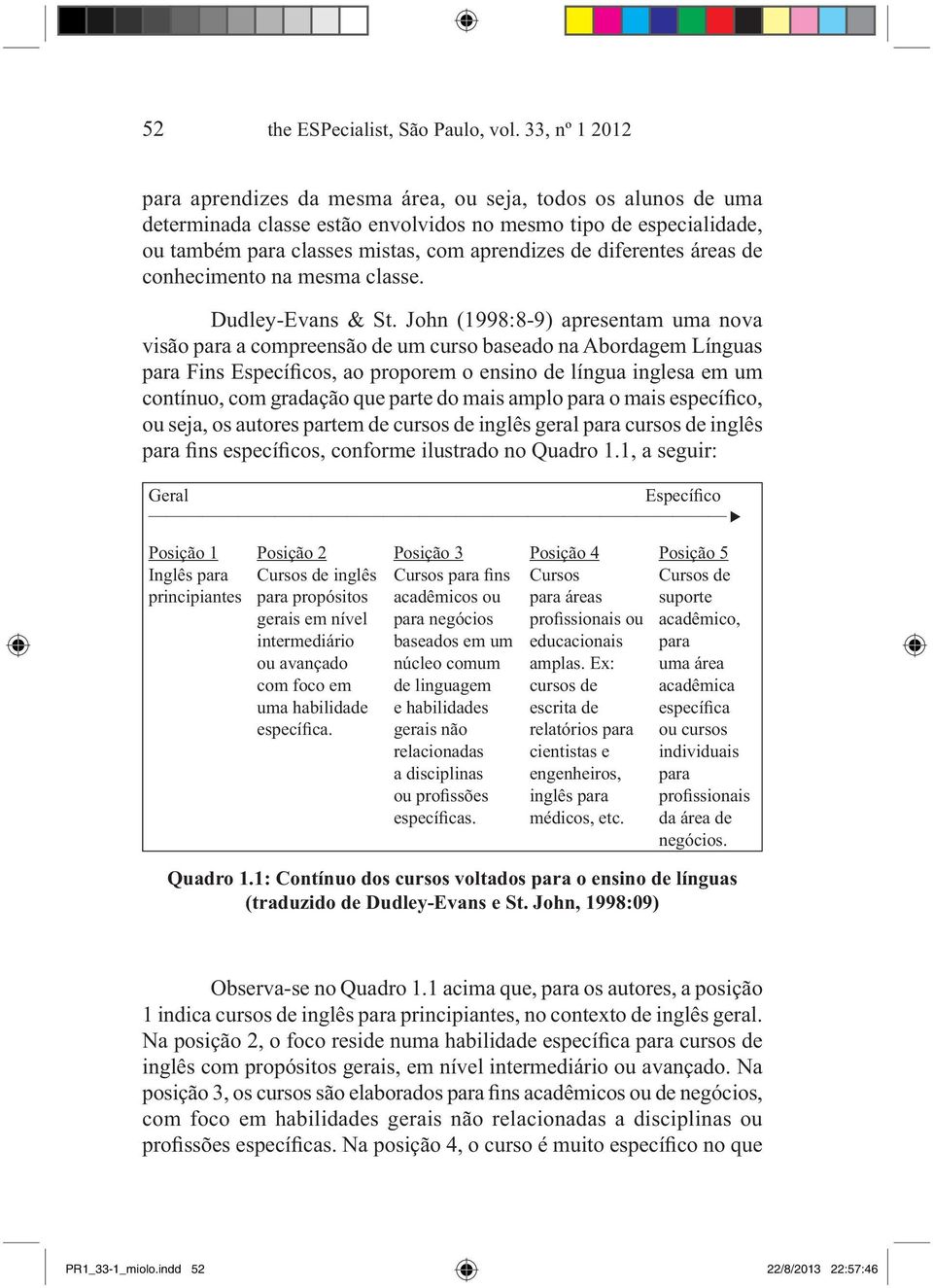 diferentes áreas de conhecimento na mesma classe. Dudley-Evans & St.