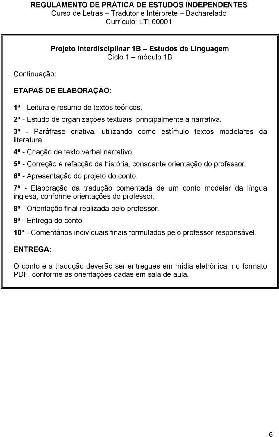 5ª - Correção e refacção da história, consoante orientação do professor. 6ª - Apresentação do projeto do conto.