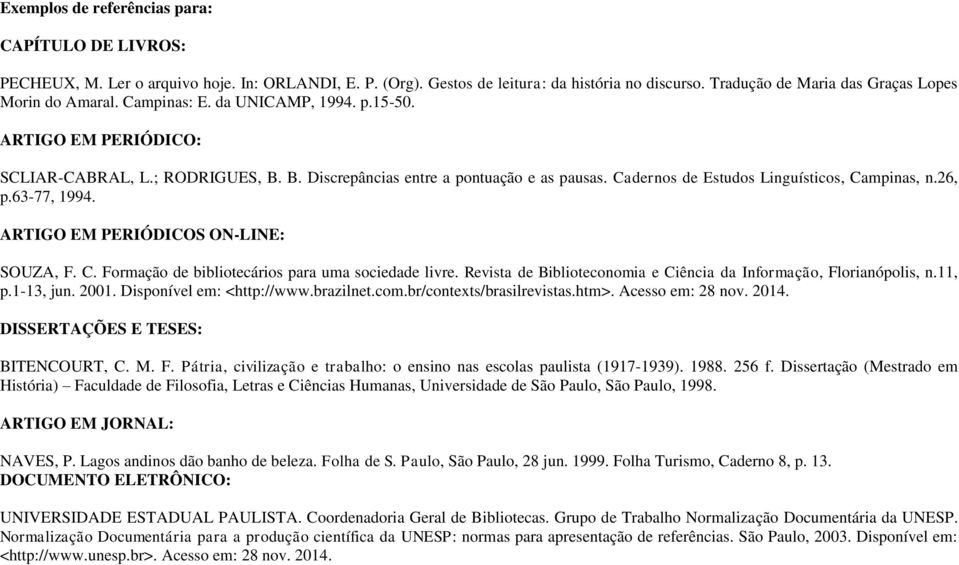 Cadernos de Estudos Linguísticos, Campinas, n.26, p.63-77, 1994. ARTIGO EM PERIÓDICOS ON-LINE: SOUZA, F. C. Formação de bibliotecários para uma sociedade livre.