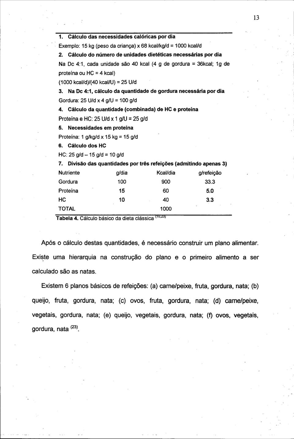 Na De 4:1, cálculo da quantidade de gordura necessária por dia Gordura: 25 U/d x 4 g/u = 100 g/d 4. Cálculo da quantidade (combinada) de HC e proteína Proteína e HC: 25 U/d x 1 g/u = 25 g/d 5.