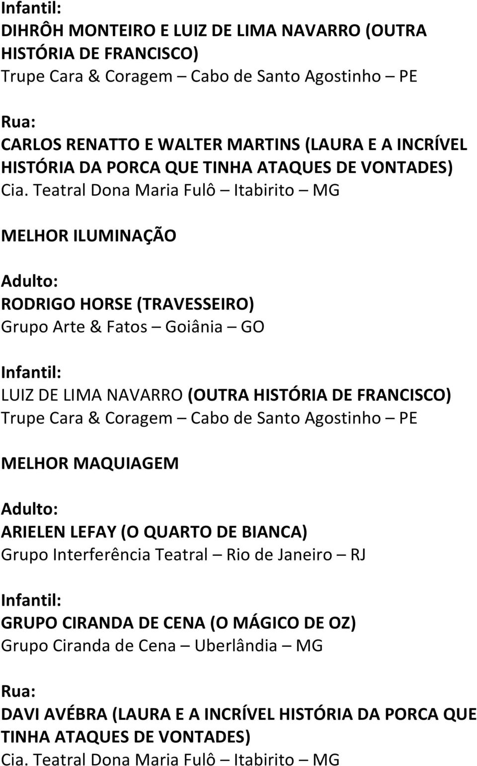 (OUTRA HISTÓRIA DE FRANCISCO) MELHOR MAQUIAGEM ARIELEN LEFAY (O QUARTO DE BIANCA) Grupo Interferência Teatral Rio de Janeiro RJ GRUPO