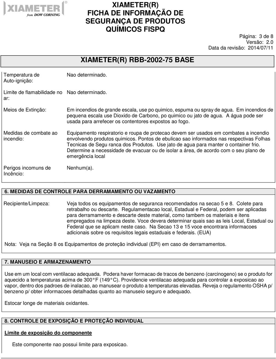 A água pode ser usada para arrefecer os contentores expostos ao fogo. Equipamento respiratorio e roupa de protecao devem ser usados em combates a incendio envolvendo produtos quimicos.