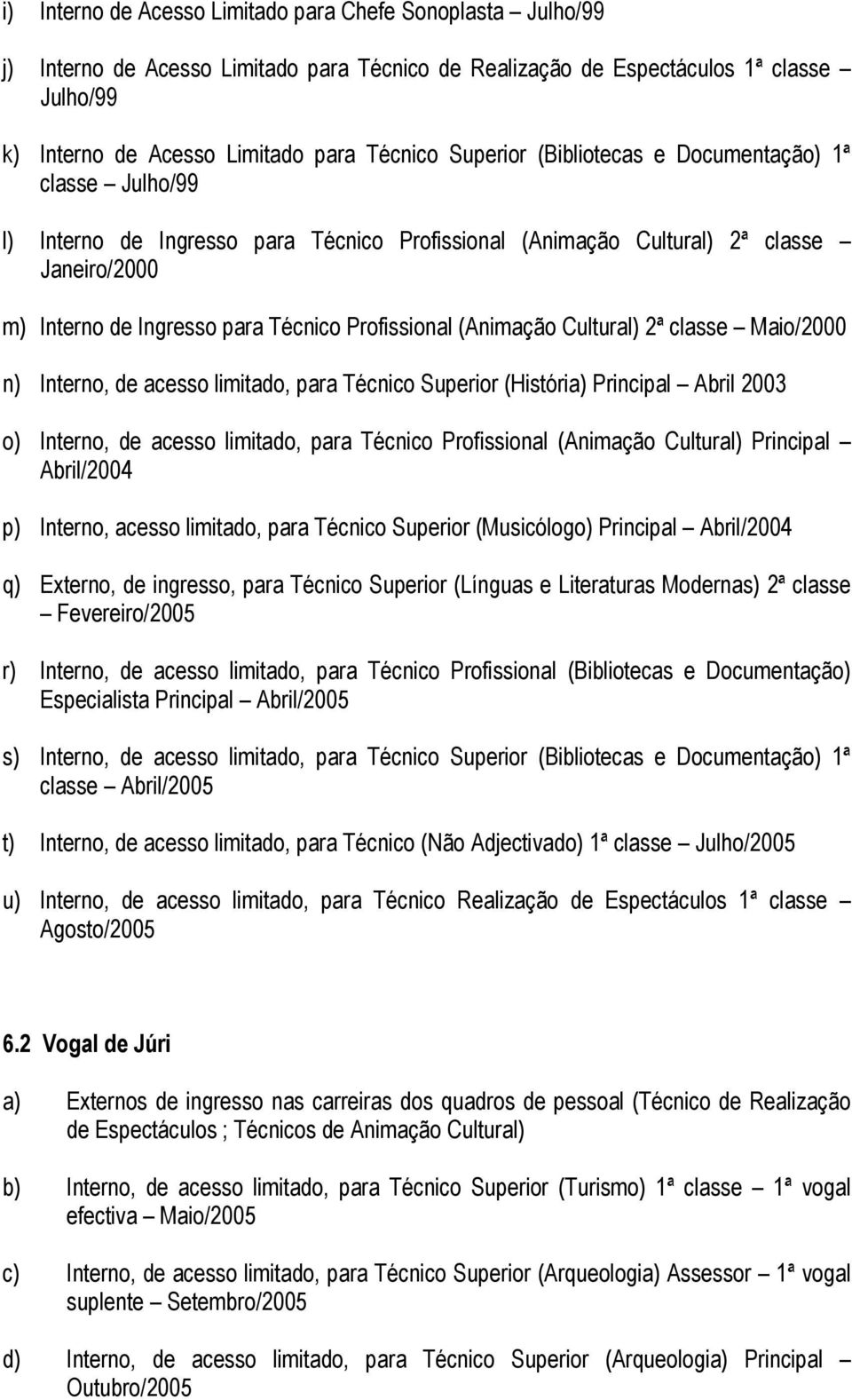 (Animação Cultural) 2ª classe Maio/2000 n) Interno, de acesso limitado, para Técnico Superior (História) Principal Abril 2003 o) Interno, de acesso limitado, para Técnico Profissional (Animação