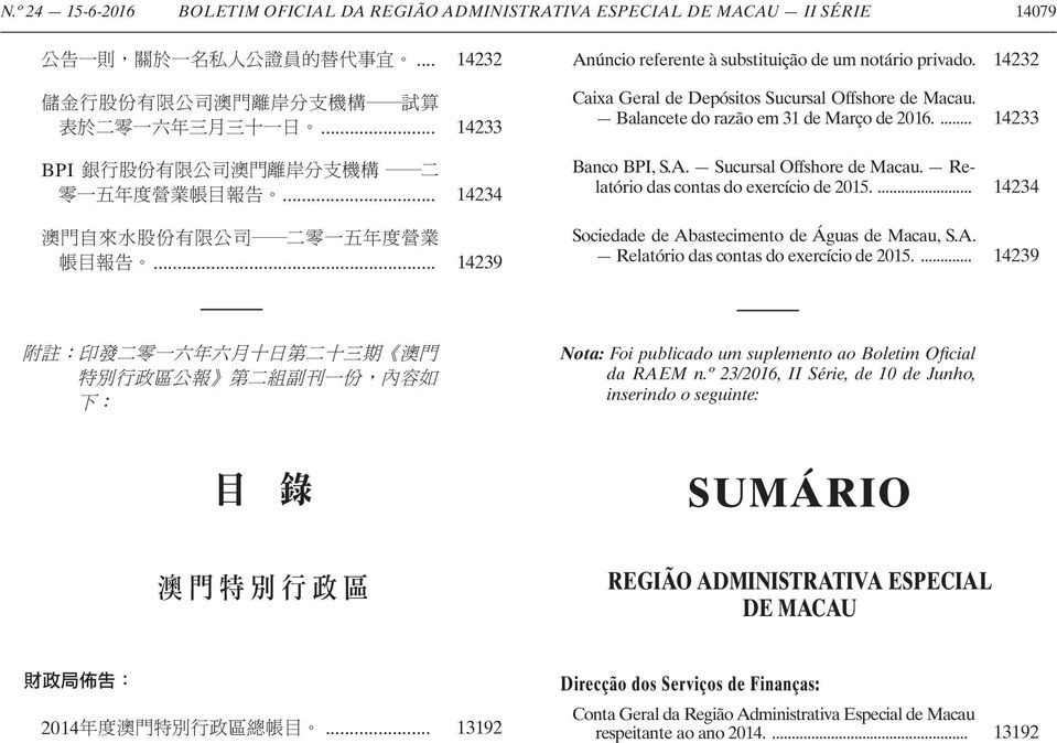 ... 14234 Sociedade de Abastecimento de Águas de Macau, S.A. Relatório das contas do exercício de 2015.... 14239 Nota: Foi publicado um suplemento ao Boletim Oficial da RAEM n.