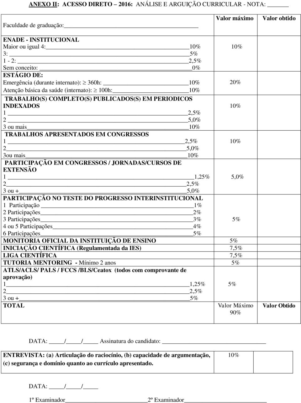 TRABALHOS APRESENTADOS EM CONGRESSOS 1 2,5% 2 5,0% 3ou mais 10% PARTICIPAÇÃO EM CONGRESSOS / JORNADAS/CURSOS DE EXTENSÃO 1 1,25% 2 2,5% 3 ou + 5,0% PARTICIPAÇÃO NO TESTE DO PROGRESSO