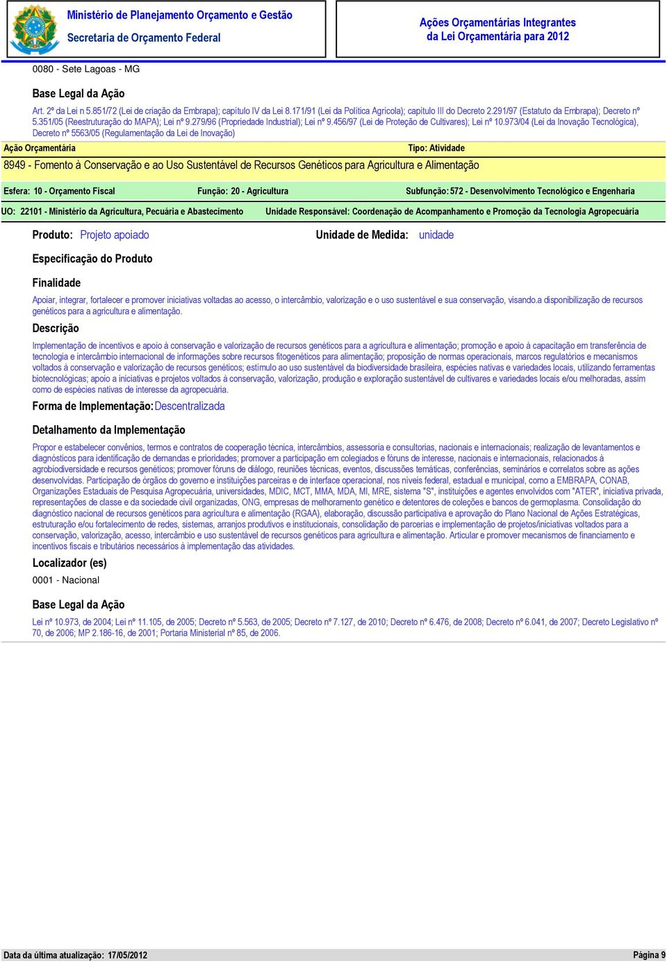 973/04 (Lei da Inovação Tecnológica), Decreto nº 5563/05 (Regulamentação da Lei de Inovação) 8949 - Fomento à Conservação e ao Uso Sustentável de Recursos Genéticos para Agricultura e Alimentação