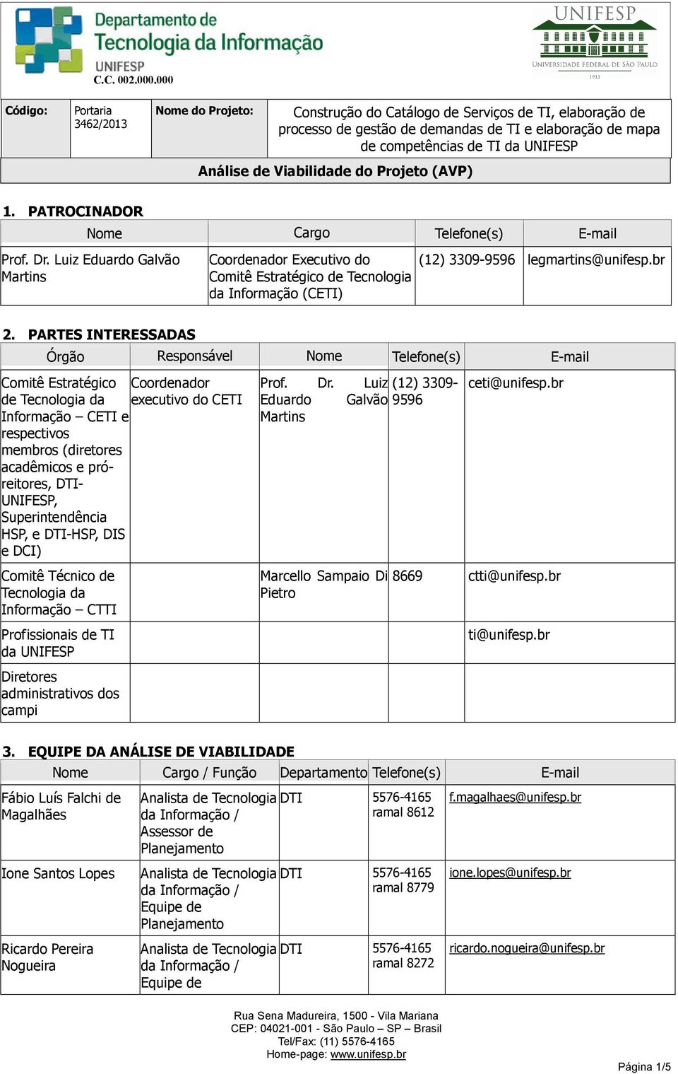 Análise de Viabilidade do Projeto (AVP) 1. PATROCINADOR Nome Cargo Telefone(s) E-mail Prof. Dr.