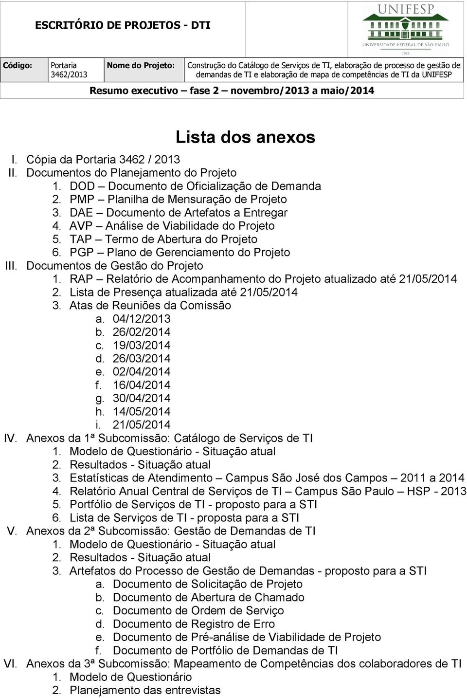 DOD Documento de Oficialização de Demanda 2. PMP Planilha de Mensuração de Projeto 3. DAE Documento de Artefatos a Entregar 4. AVP Análise de Viabilidade do Projeto 5.