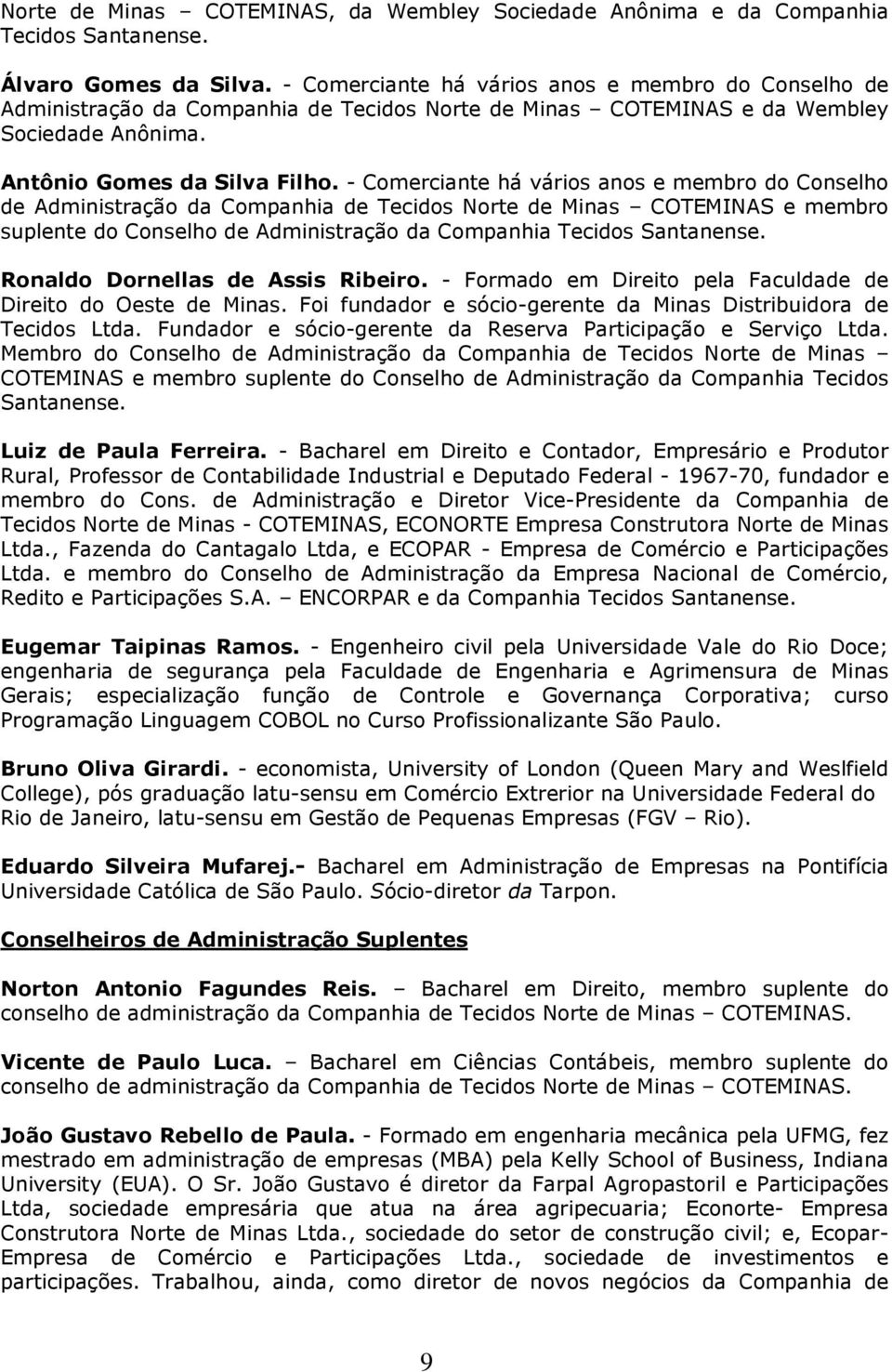 - Comerciante há vários anos e membro do Conselho de Administração da Companhia de Tecidos Norte de Minas COTEMINAS e membro suplente do Conselho de Administração da Companhia Tecidos Santanense.