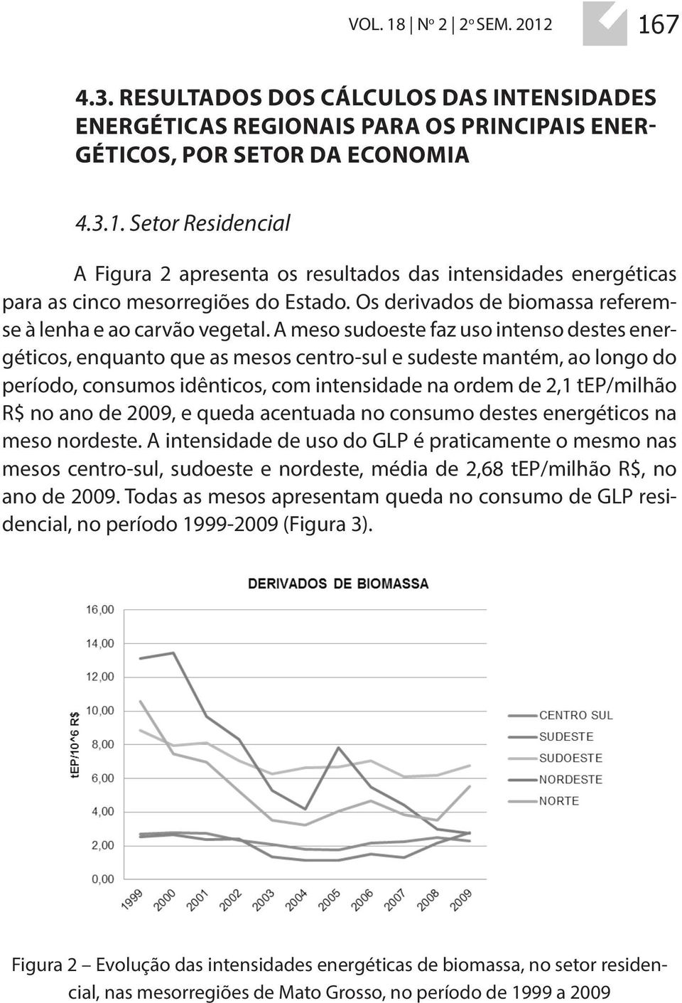 A meso sudoeste faz uso intenso destes energéticos, enquanto que as mesos centro-sul e sudeste mantém, ao longo do período, consumos idênticos, com intensidade na ordem de 2,1 tep/milhão R$ no ano de