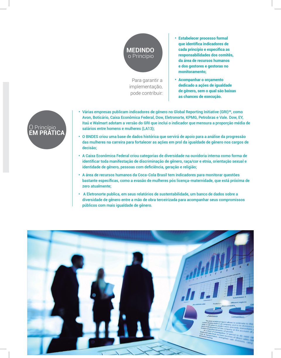 O Princípio EM PRÁTICA Várias empresas publicam indicadores de gênero no Global Reporting Initiative (GRI) 38, como Avon, Boticário, Caixa Econômica Federal, Dow, Eletronorte, KPMG, Petrobras e Vale.