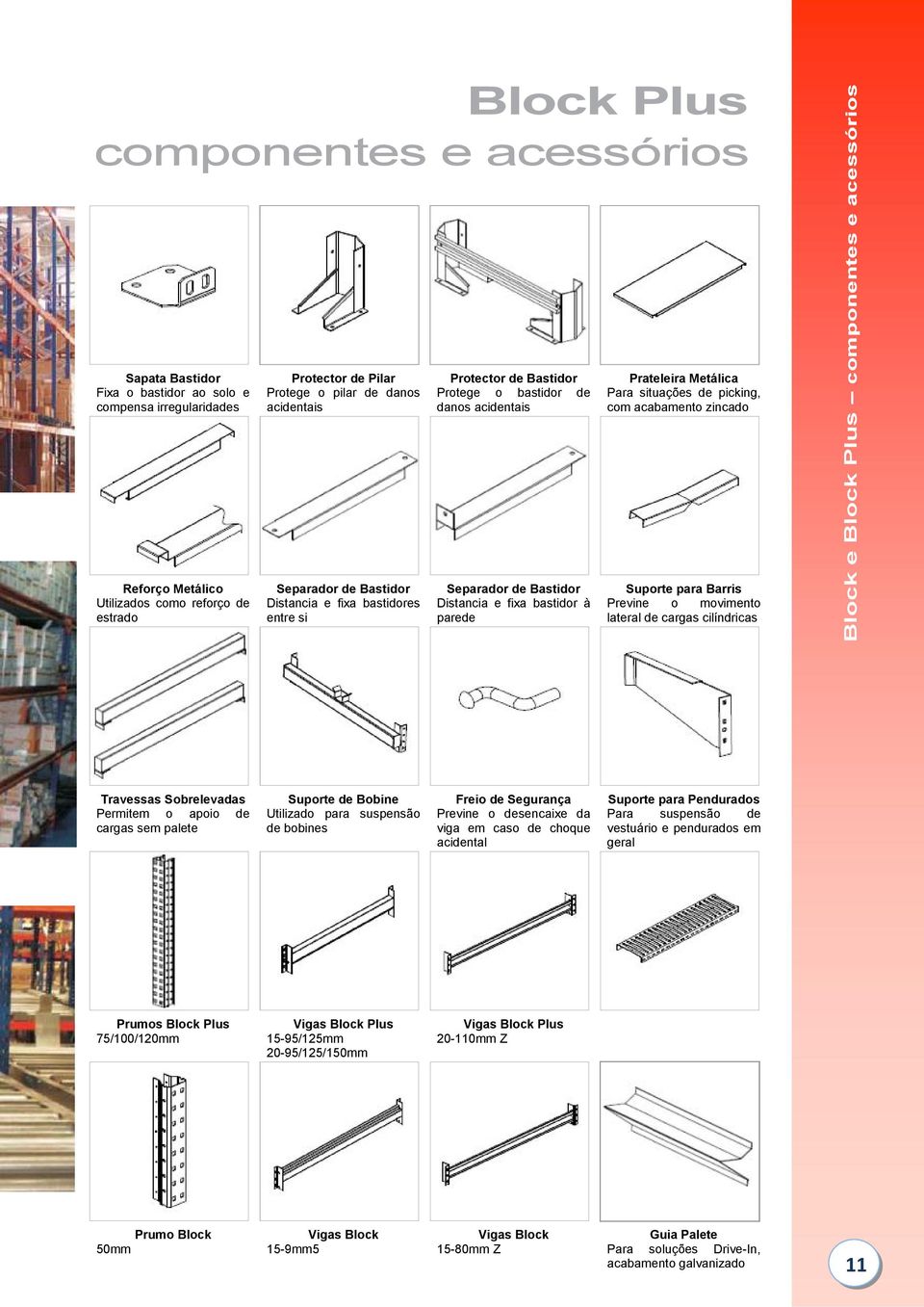 Distancia e fixa bastidor à parede Suporte para Barris Previne o movimento lateral de cargas cilíndricas Travessas Sobrelevadas Permitem o apoio de cargas sem palete Suporte de Bobine Utilizado para