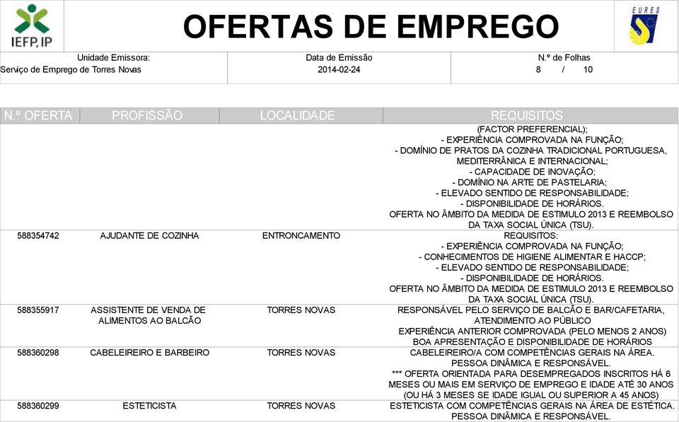 DISPONIBILIDADE DE HORÁRIOS. OFERTA NO ÂMBITO DA MEDIDA DE ESTIMULO 2013 E REEMBOLSO DA TAXA SOCIAL ÚNICA (TSU).