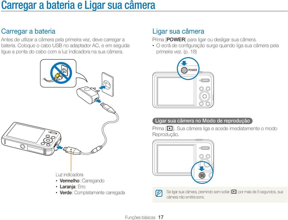 Ligar sua câmera Prima [POWER] para ligar ou desligar sua câmera. O ecrã de configuração surge quando liga sua câmera pela primeira vez. (p.