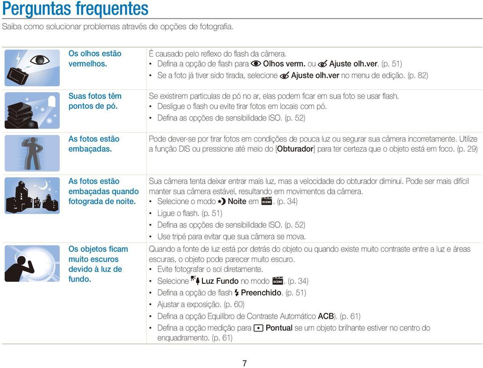 Desligue o flash ou evite tirar fotos em locais com pó. Defina as opções de sensibilidade ISO. (p. 52) Pode dever-se por tirar fotos em condições de pouca luz ou segurar sua câmera incorretamente.