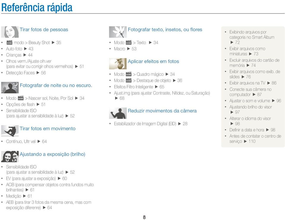 Modo s > Nascer sol, Noite, Por Sol 34 Opções de flash 51 Sensibilidade ISO (para ajustar a sensibilidade à luz) 52 Tirar fotos em movimento Contínuo, Ultr vel 64 Ajustando a exposição (brilho)