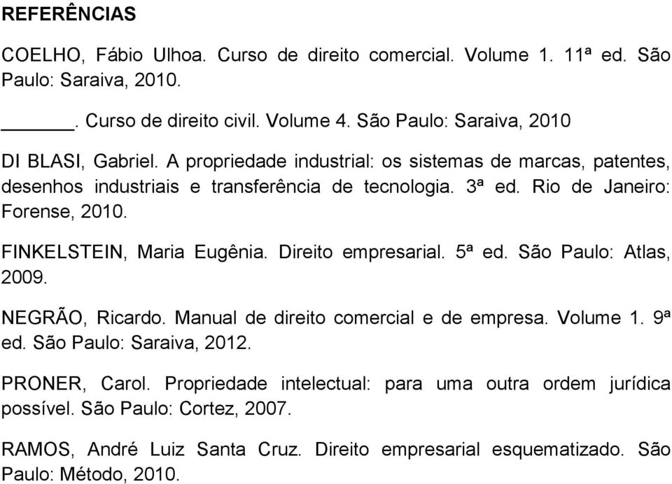 Rio de Janeiro: Forense, 2010. FINKELSTEIN, Maria Eugênia. Direito empresarial. 5ª ed. São Paulo: Atlas, 2009. NEGRÃO, Ricardo. Manual de direito comercial e de empresa.