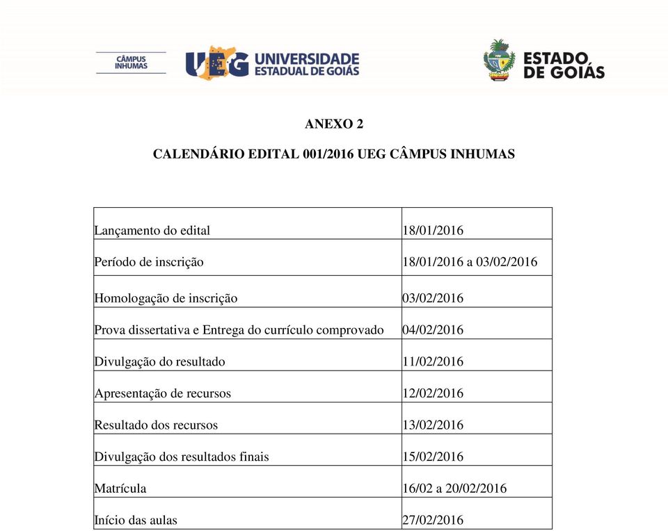 comprovado 04/02/2016 Divulgação do resultado 11/02/2016 Apresentação de recursos 12/02/2016 Resultado dos