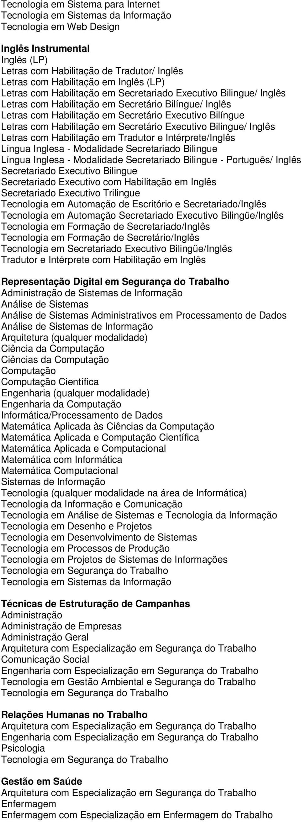 Habilitação em Secretário Executivo Bilingue/ Inglês Letras com Habilitação em Tradutor e Intérprete/Inglês Língua Inglesa - lidade Secretariado Bilingue Língua Inglesa - lidade Secretariado Bilingue