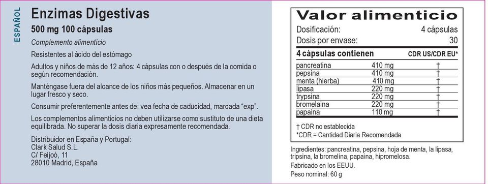 Los complementos alimenticios no deben utilizarse como sustituto de una dieta equilibrada. No superar la dosis diaria expresamente recomendada. Distribuidor en España y Portugal: Clark Salud S.L. C/