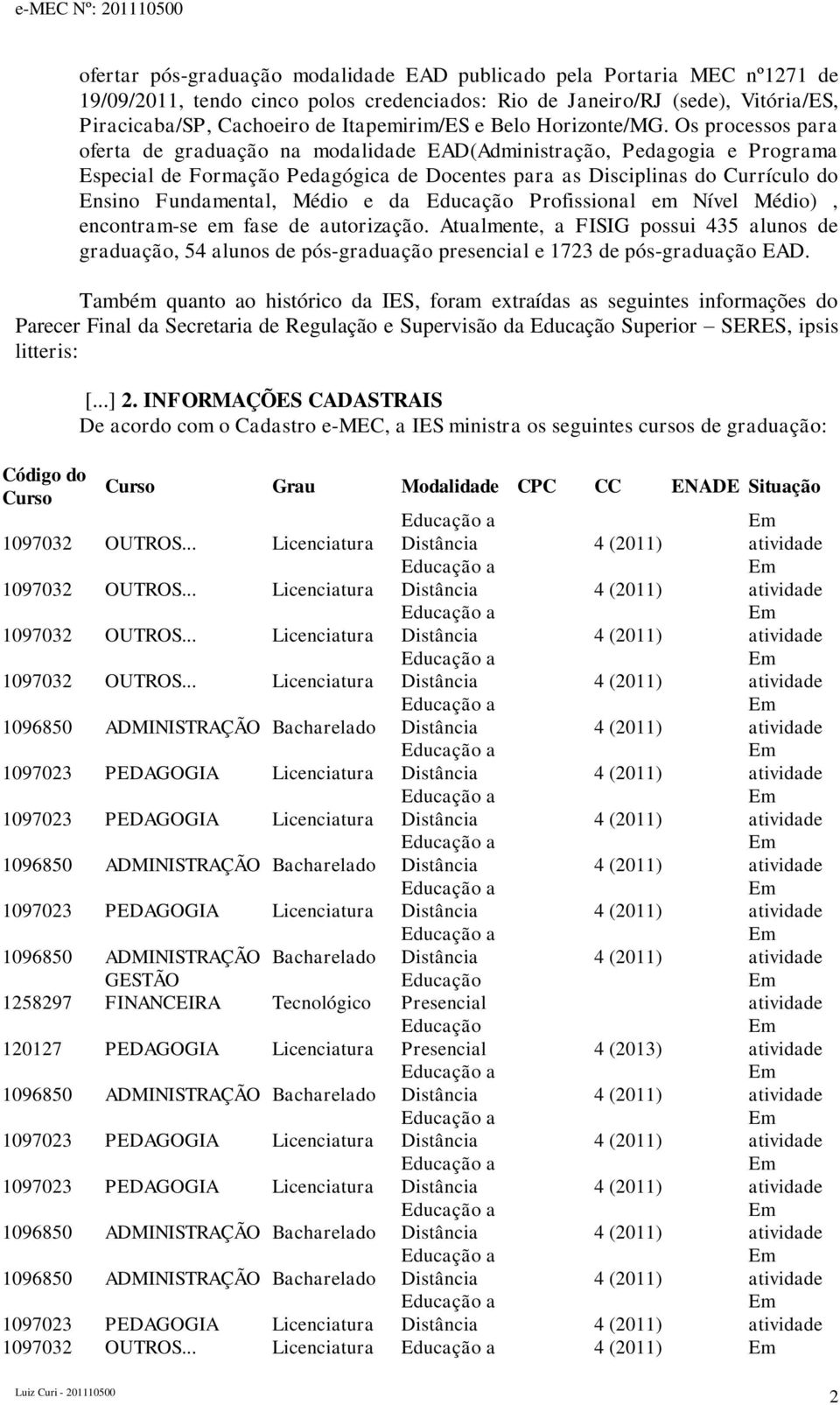 Os processos para oferta de graduação na modalidade EAD(Administração, Pedagogia e Programa Especial de Formação Pedagógica de Docentes para as Disciplinas do Currículo do Ensino Fundamental, Médio e