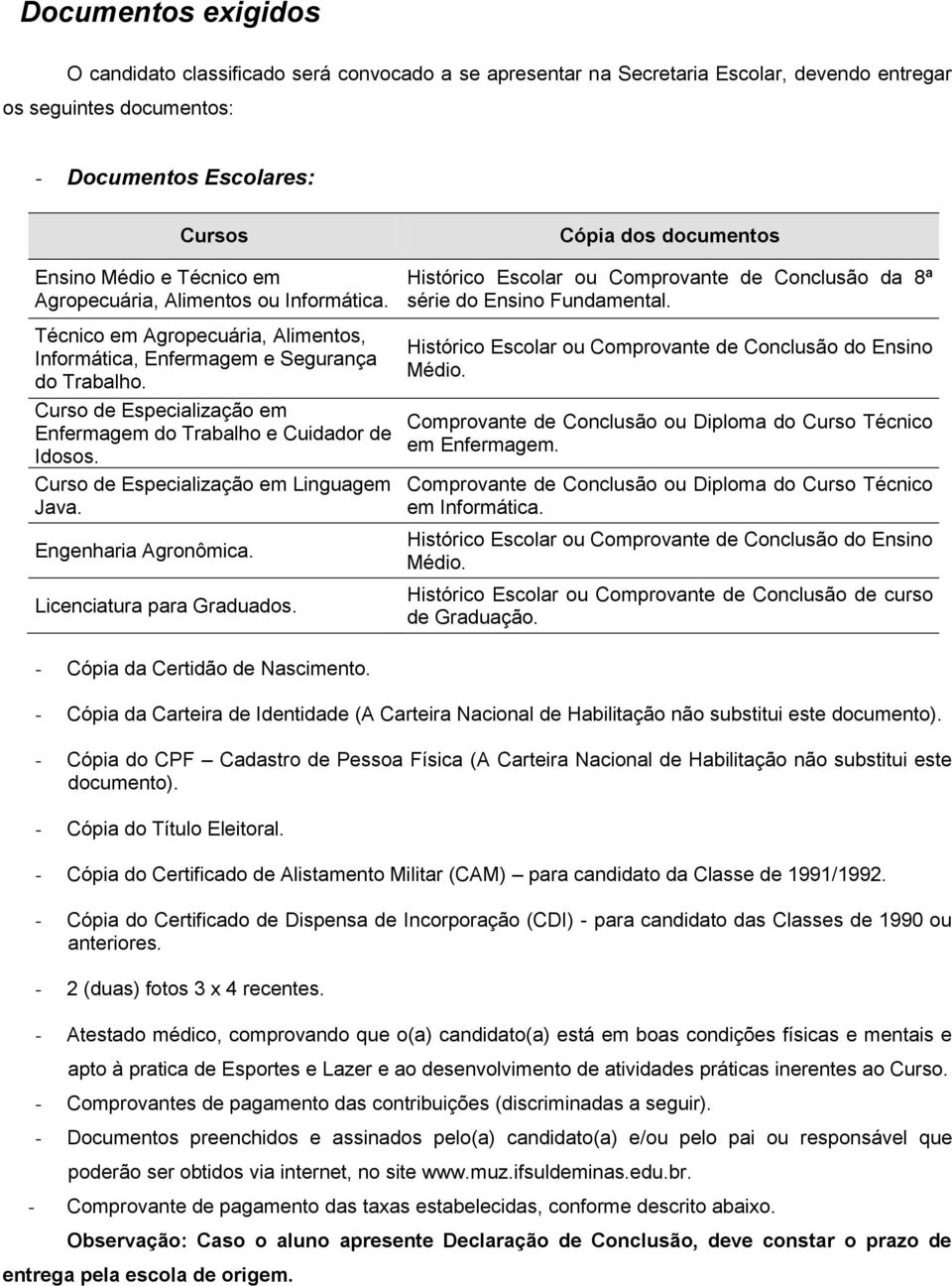 Curso de Especialização em Linguagem Java. Engenharia Agronômica. Licenciatura para Graduados. Cópia dos documentos Histórico Escolar ou Comprovante de Conclusão da 8ª série do Ensino Fundamental.