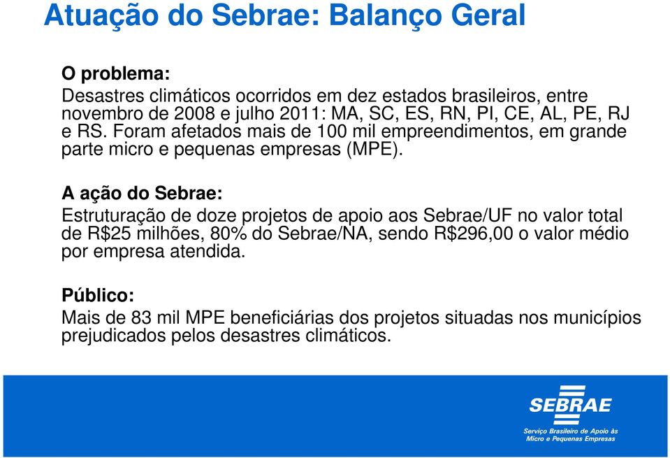 A ação do Sebrae: Estruturação de doze projetos de apoio aos Sebrae/UF no valor total de R$25 milhões, 80% do Sebrae/NA, sendo R$296,00 o
