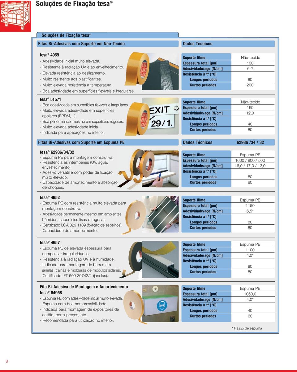 tesa 51571 Boa adesividade em superfícies flexíveis e irregulares. Muito elevada adesividade em superfícies apolares (EPDM,...). Boa performance, mesmo em superficies rugosas.
