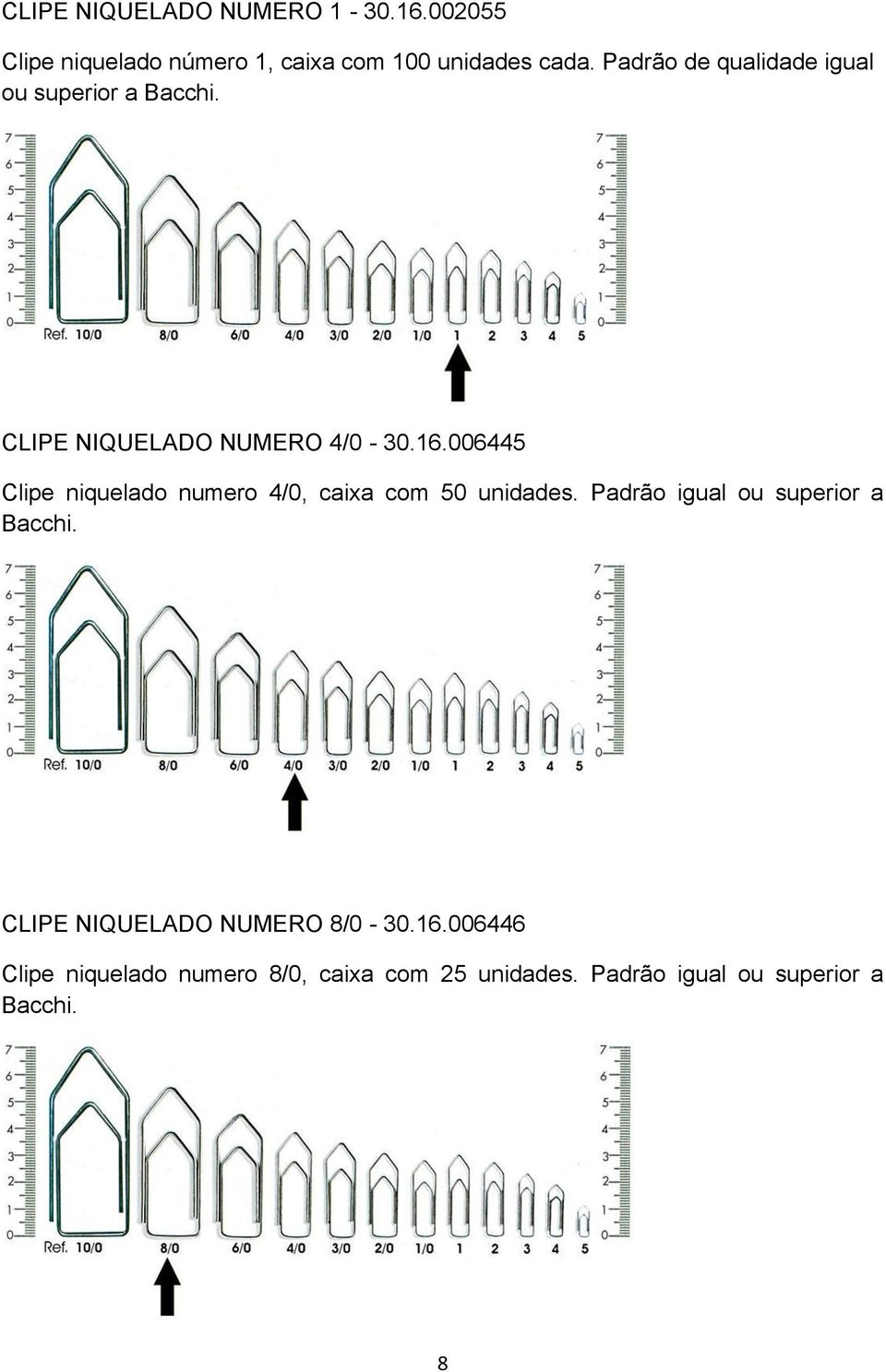 006445 Clipe niquelado numero 4/0, caixa com 50 unidades. Padrão igual ou superior a Bacchi.