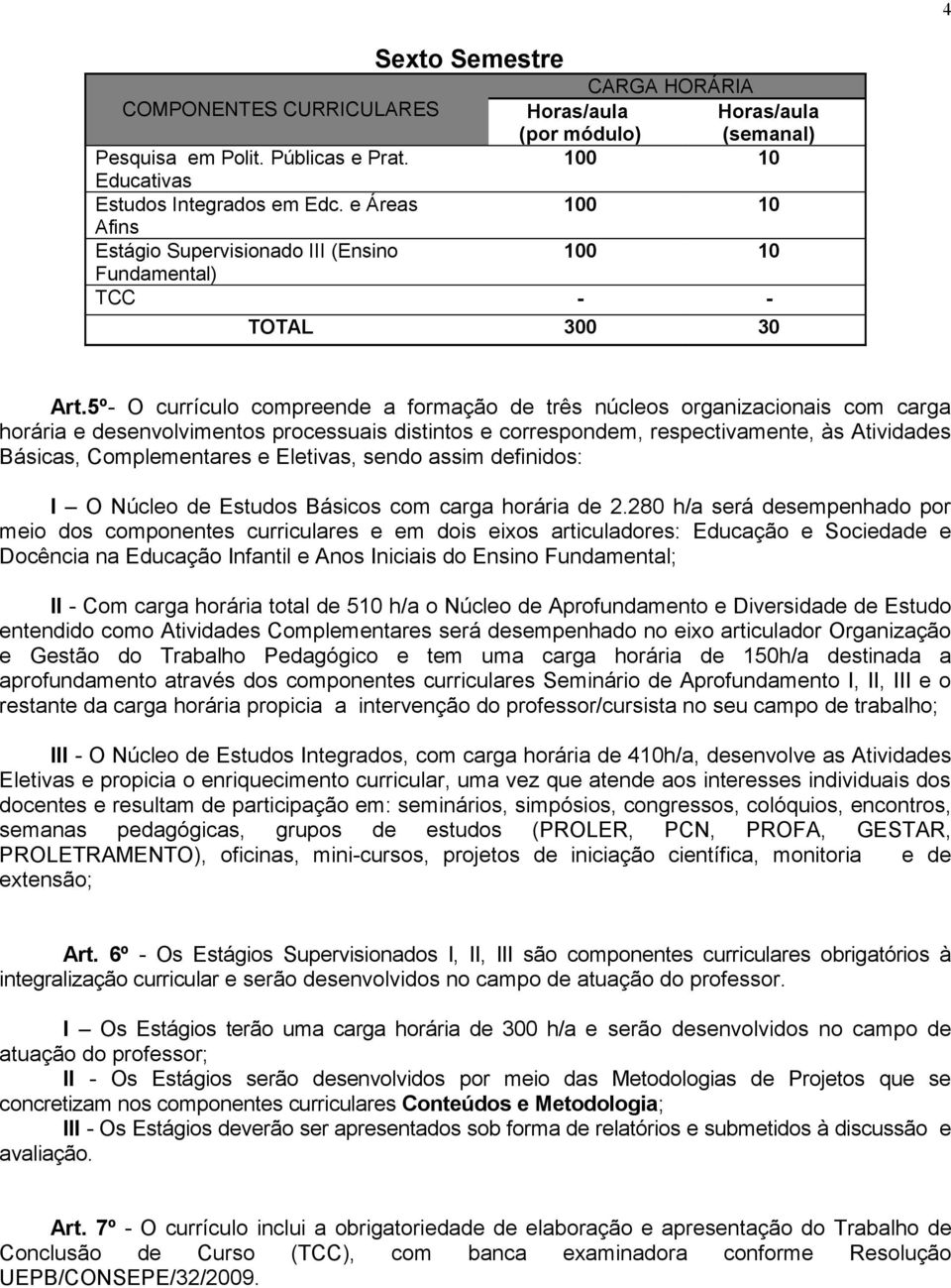 5º- O currículo compreende a formação de três núcleos organizacionais com carga horária e desenvolvimentos processuais distintos e correspondem, respectivamente, às Atividades Básicas, Complementares