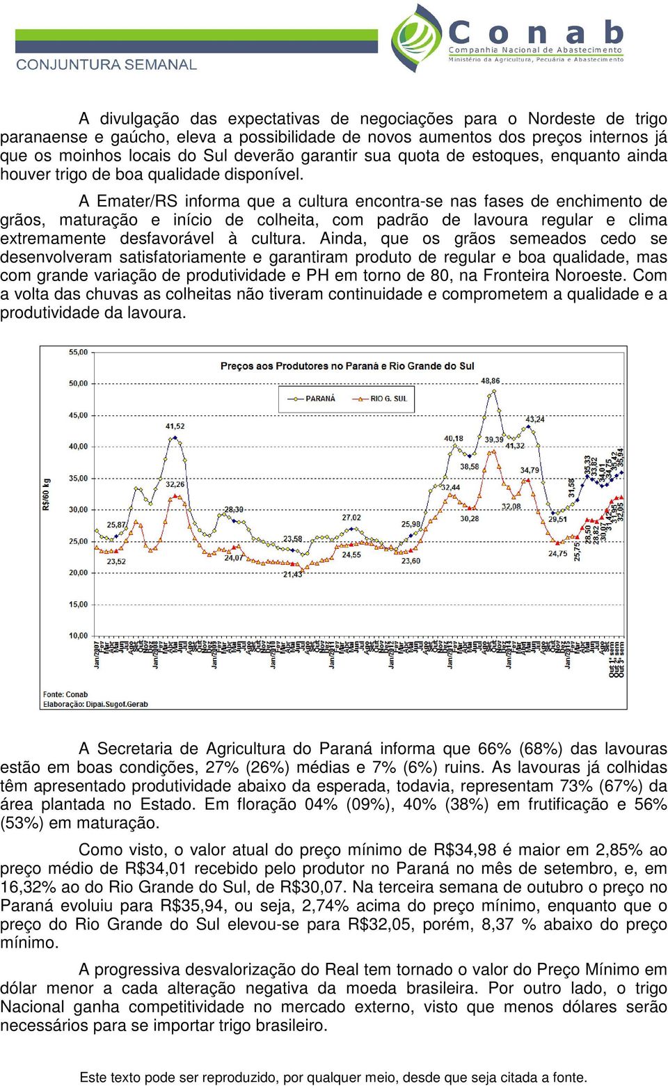 A Emater/RS informa que a cultura encontra-se nas fases de enchimento de grãos, maturação e início de colheita, com padrão de lavoura regular e clima extremamente desfavorável à cultura.