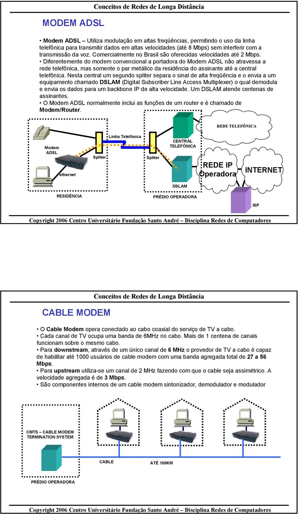 Diferentemente do modem convencional a portadora do ADSL não atravessa a rede telefônica, mas somente o par metálico da residência do assinante até a central telefônica.