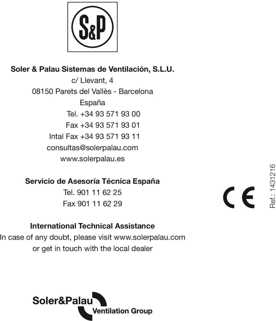 com www.solerpalau.es Servicio de Asesoría Técnica España Tel. 901 11 62 25 Fax 901 11 62 29 Ref.