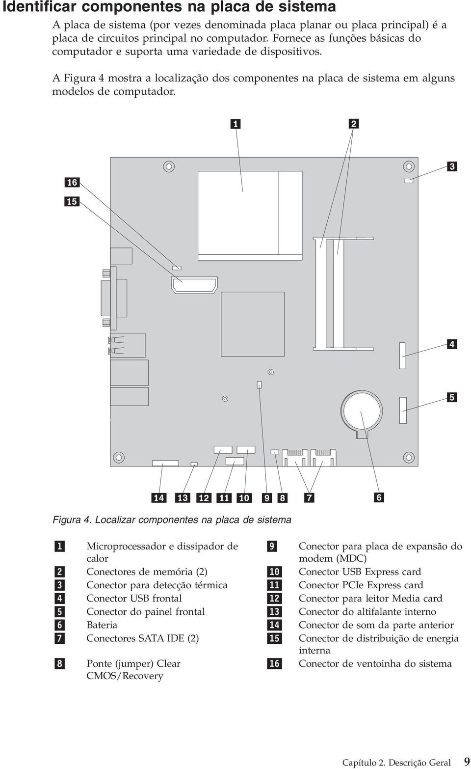 mostra a localização dos componentes na placa de sistema em alguns modelos de computador. Figura 4.