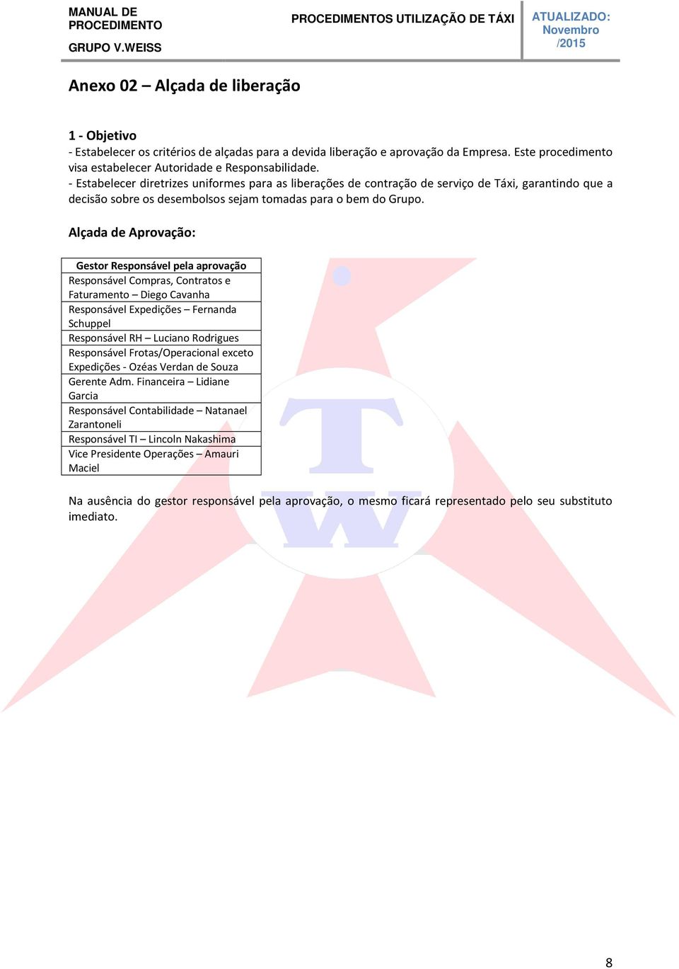 Alçada de Aprovação: Gestor Responsável pela aprovação Responsável Compras, Contratos e Faturamento Diego Cavanha Responsável Expedições Fernanda Schuppel Responsável RH Luciano Rodrigues Responsável