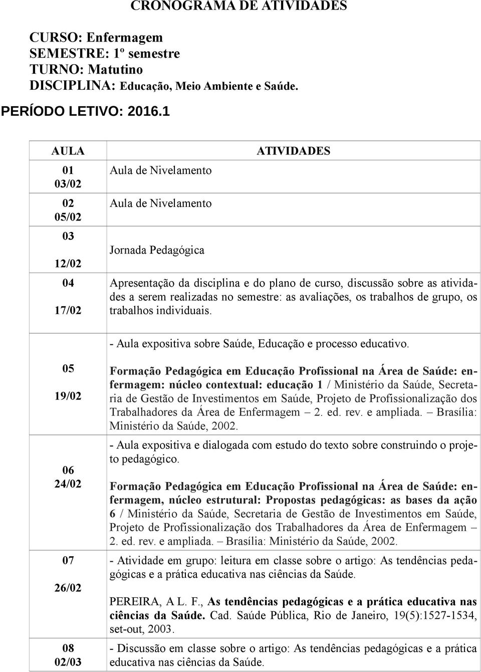 realizadas no semestre: as avaliações, os trabalhos de grupo, os trabalhos individuais. - Aula expositiva sobre Saúde, Educação e processo educativo.