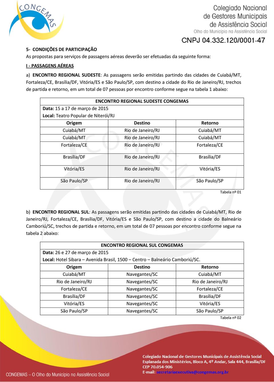 encontro conforme segue na tabela 1 abaixo: ENCONTRO REGIONAL SUDESTE CONGEMAS Data: 15 a 17 de março de 2015 Local: Teatro Popular de Niterói/RJ Origem Destino Retorno Cuiabá/MT Rio de Janeiro/RJ