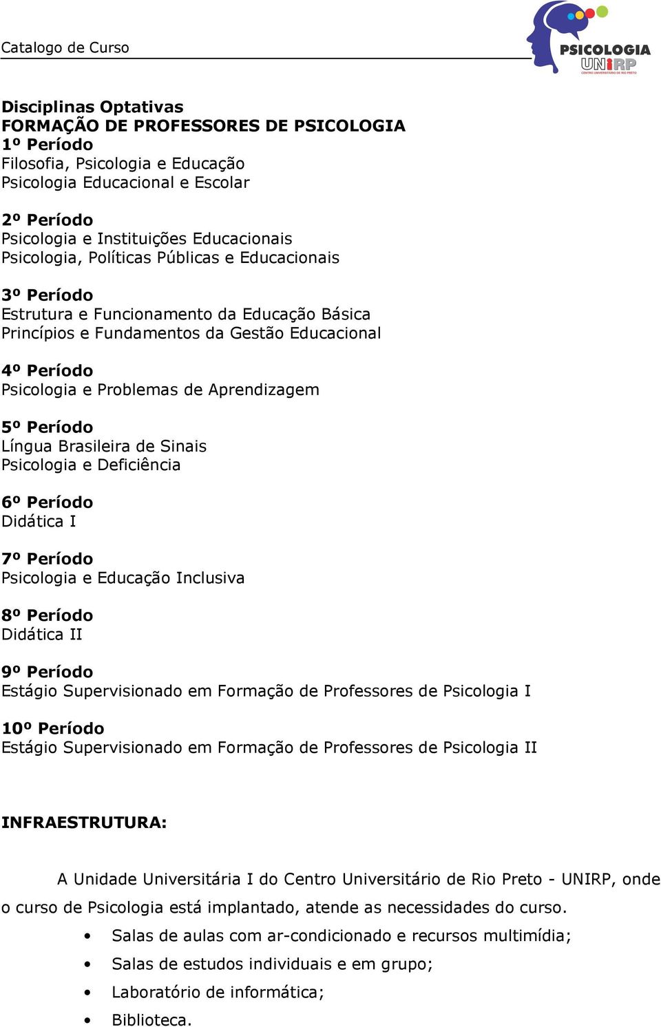 Língua Brasileira de Sinais Psicologia e Deficiência 6º Período Didática I 7º Período Psicologia e Educação Inclusiva 8º Período Didática II 9º Período Estágio Supervisionado em Formação de