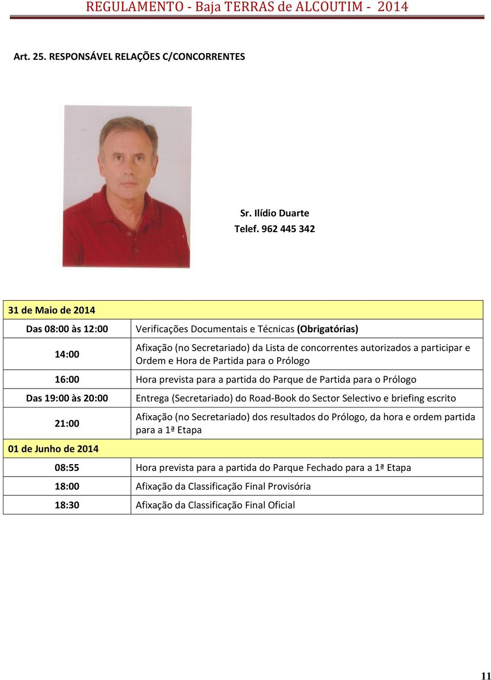 Ordem e Hora de Partida para o Prólogo 16:00 Hora prevista para a partida do Parque de Partida para o Prólogo Das 19:00 às 20:00 21:00 Entrega (Secretariado) do Road-Book do Sector