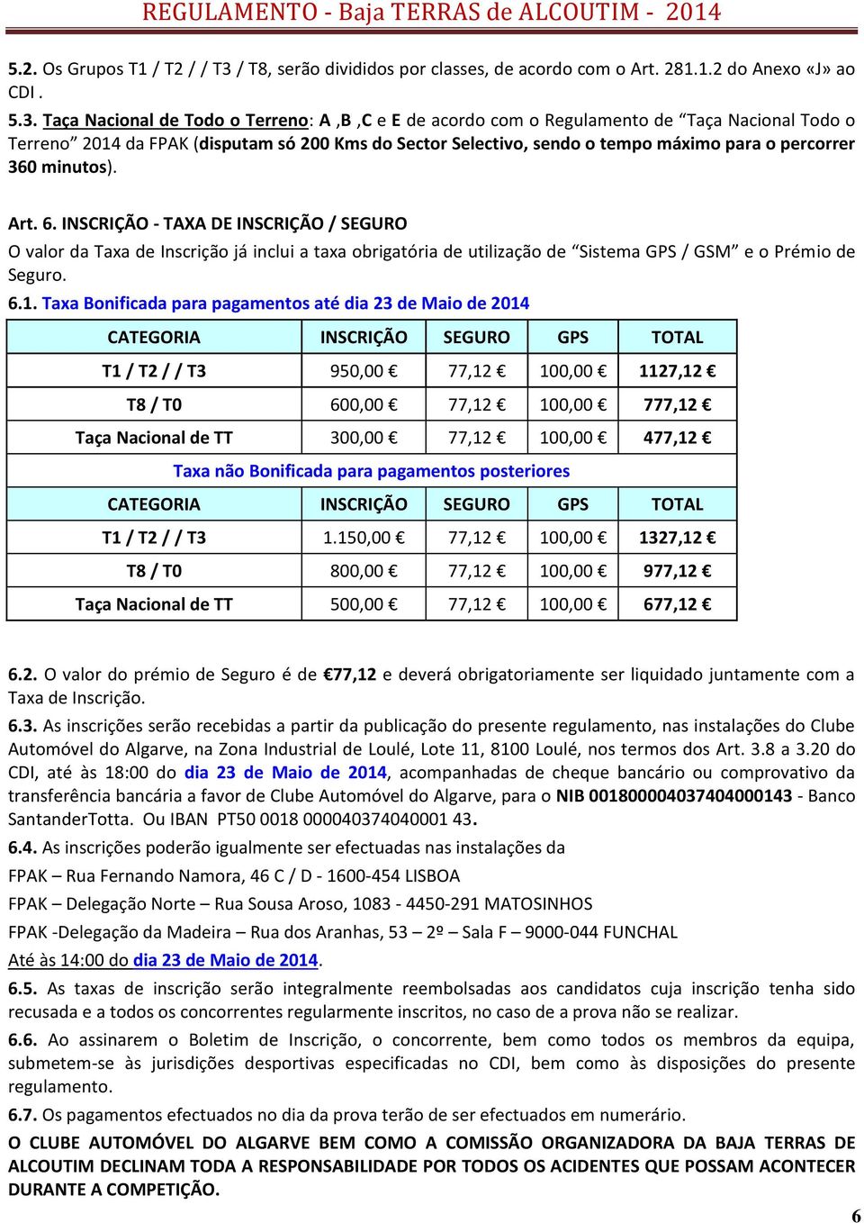 Taça Nacional de Todo o Terreno: A,B,C e E de acordo com o Regulamento de Taça Nacional Todo o Terreno 2014 da FPAK (disputam só 200 Kms do Sector Selectivo, sendo o tempo máximo para o percorrer 360