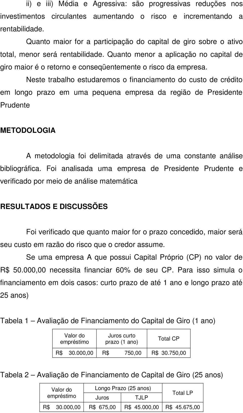 Neste trabalho estudaremos o financiamento do custo de crédito em longo prazo em uma pequena empresa da região de Presidente Prudente METODOLOGIA A metodologia foi delimitada através de uma constante