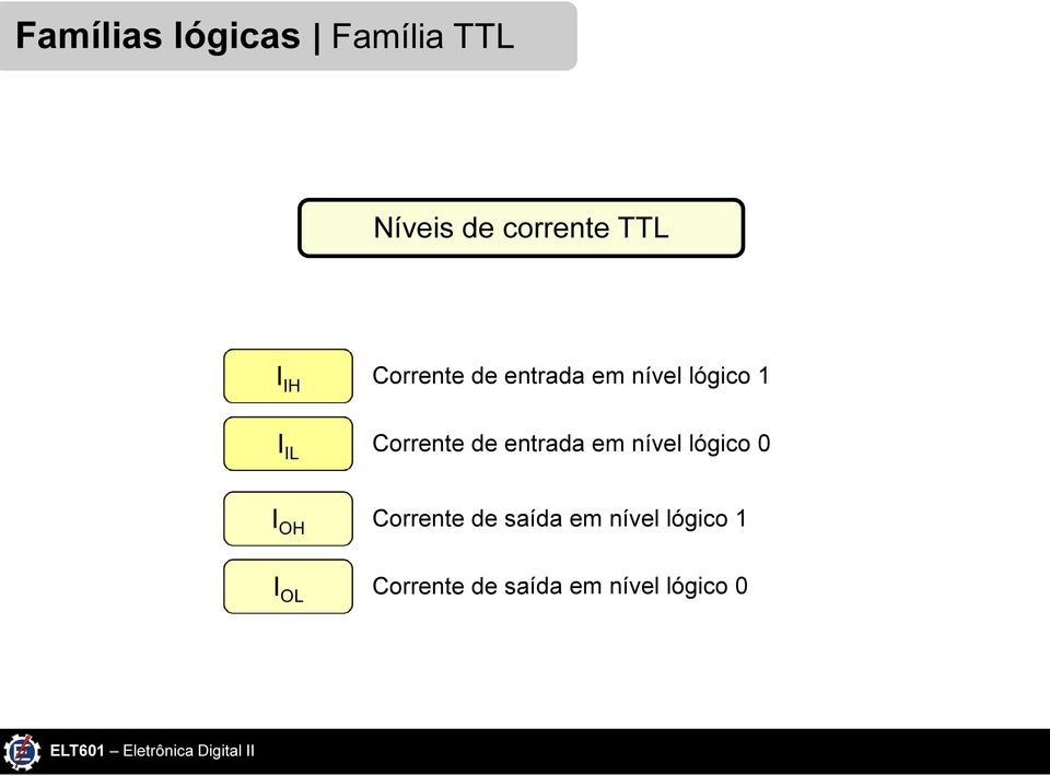 de entrada em nível lógico 0 I OH Corrente de saída em