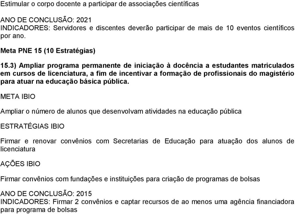 3) Ampliar programa permanente de iniciação à docência a estudantes matriculados em cursos de licenciatura, a fim de incentivar a formação de profissionais do magistério para atuar na educação